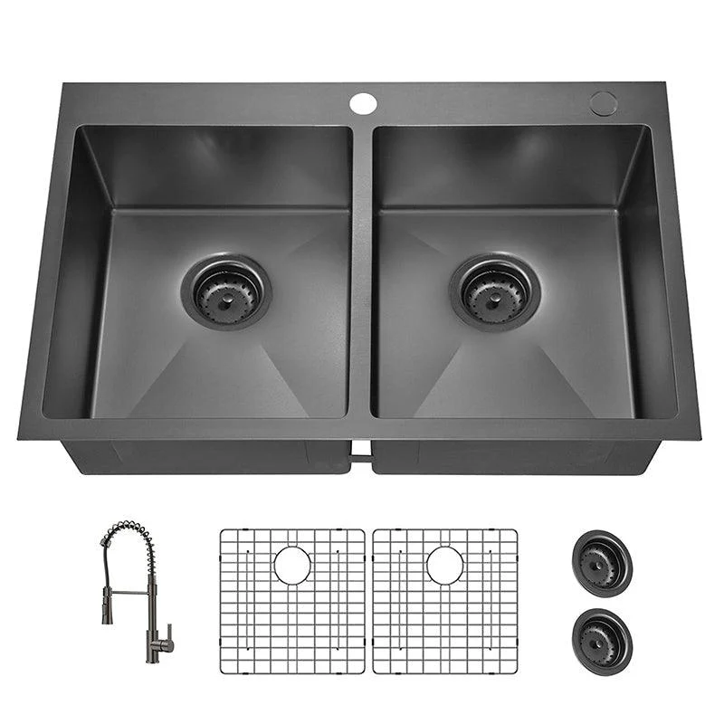 33" Black Double Bowl Top Mount Stainless Steel Kitchen Sink with Black Spring Neck Tap -Bathlova