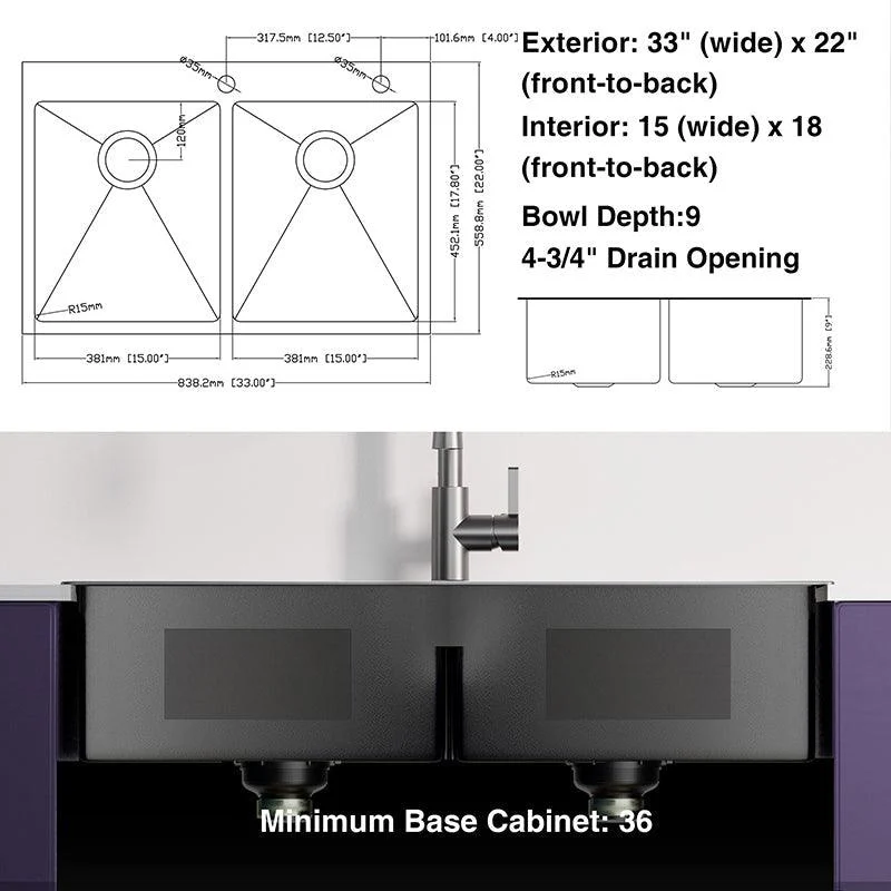 33" Black Double Bowl Top Mount Stainless Steel Kitchen Sink with Black Spring Neck Tap -Bathlova