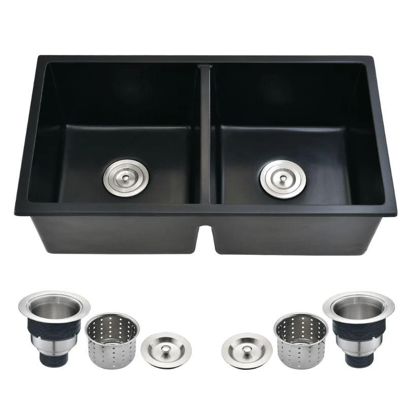 33" Black Quartz Double-Bowl Undermount Kitchen sink with Basket Strainer -Bathlova