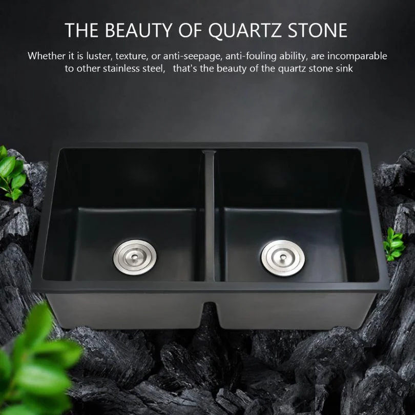 33" Black Quartz Double-Bowl Undermount Kitchen sink with Basket Strainer -Bathlova