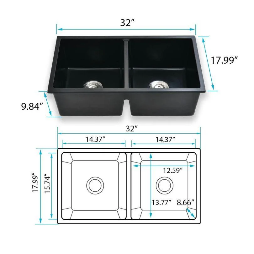 33" Black Quartz Double-Bowl Undermount Kitchen sink with Basket Strainer -Bathlova