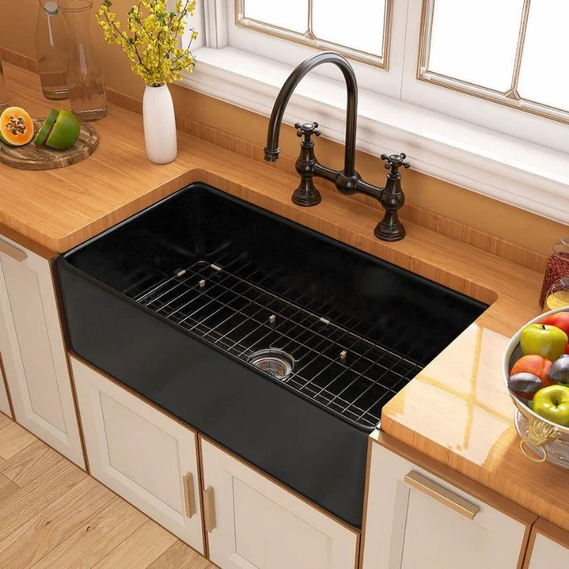 33" Farmhouse Black Single Bowl Fireclay Kitchen Sink Bottom grid -Bathlova