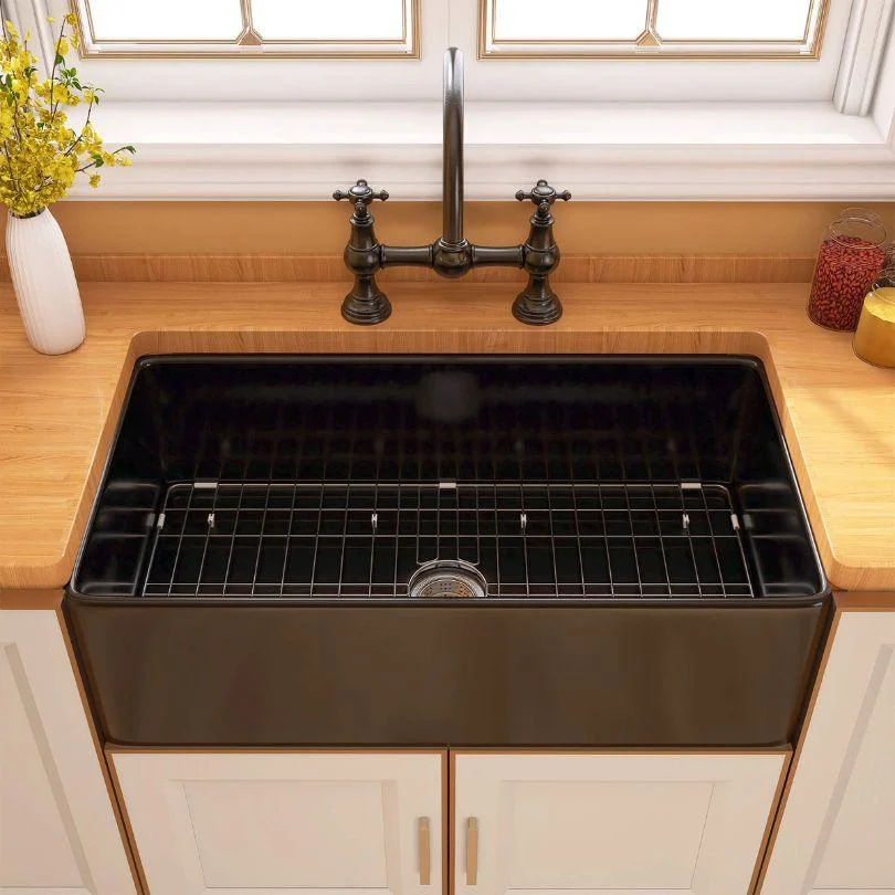 33" Farmhouse Black Single Bowl Fireclay Kitchen Sink Bottom grid -Bathlova