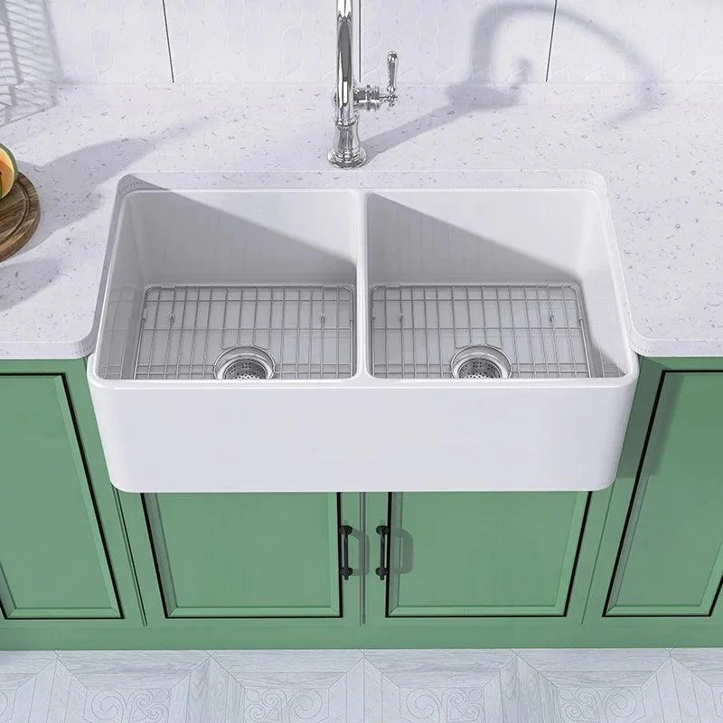 33 Inch Fireclay Farmhouse Sink with Bottom Grid & Kitchen Sink Drain - White Farmhouse Double Bowl Apron Sink -Bathlova