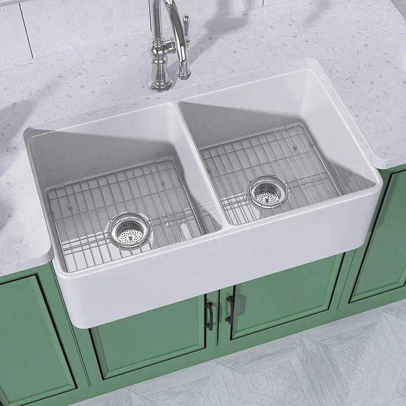 33 Inch Fireclay Farmhouse Sink with Bottom Grid & Kitchen Sink Drain - White Farmhouse Double Bowl Apron Sink -Bathlova