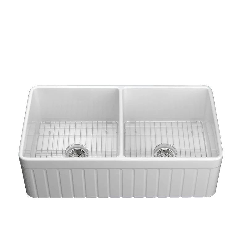 33 Inch Fireclay Farmhouse Sink with Bottom Grid & Kitchen Sink Drain - White Farmhouse Double Bowl Apron Sink -Bathlova