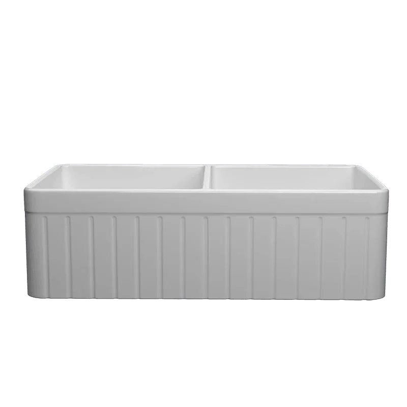 33 Inch Fireclay Farmhouse Sink with Bottom Grid & Kitchen Sink Drain - White Farmhouse Double Bowl Apron Sink -Bathlova