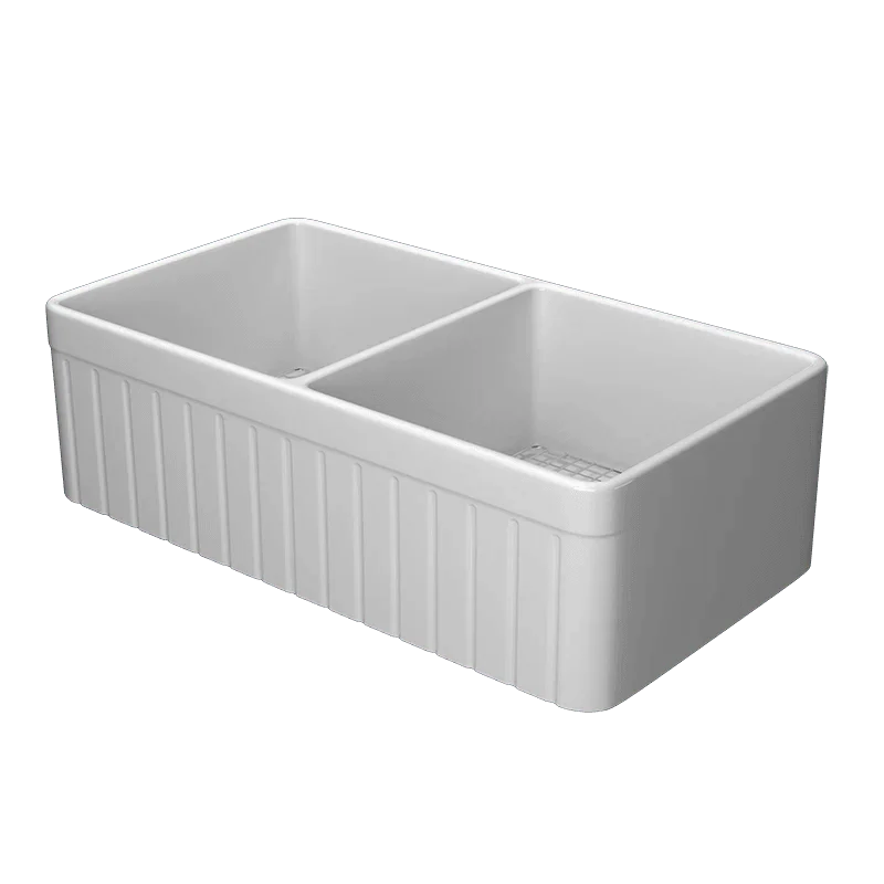 33 Inch Fireclay Farmhouse Sink with Bottom Grid & Kitchen Sink Drain - White Farmhouse Double Bowl Apron Sink -Bathlova