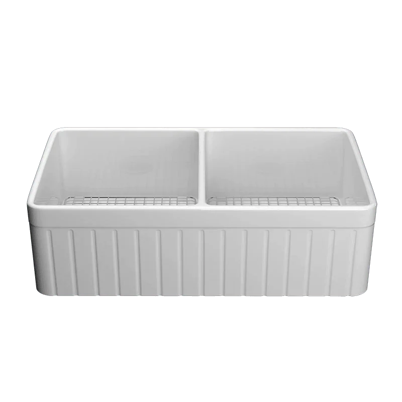 33 Inch Fireclay Farmhouse Sink with Bottom Grid & Kitchen Sink Drain - White Farmhouse Double Bowl Apron Sink -Bathlova