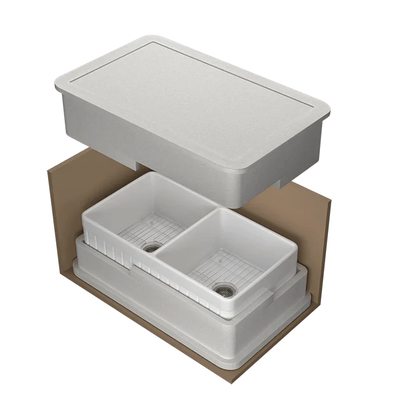 33 Inch Fireclay Farmhouse Sink with Bottom Grid & Kitchen Sink Drain - White Farmhouse Double Bowl Apron Sink -Bathlova