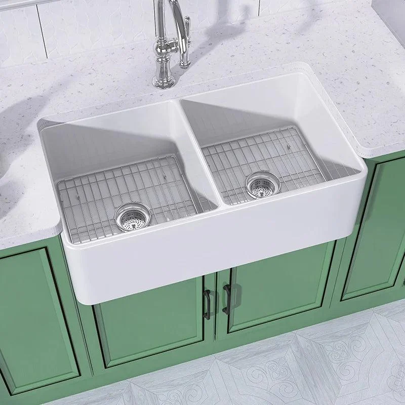 33 Inch Fireclay Farmhouse Sink with Bottom Grid & Kitchen Sink Drain - White Farmhouse Double Bowl Apron Sink -Bathlova