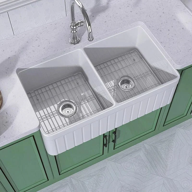 33 Inch Fireclay Farmhouse Sink with Bottom Grid & Kitchen Sink Drain - White Farmhouse Double Bowl Apron Sink -Bathlova