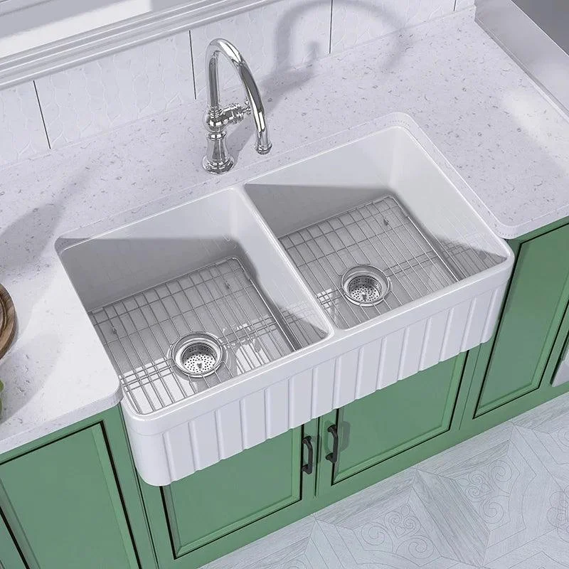 33 Inch Fireclay Farmhouse Sink with Bottom Grid & Kitchen Sink Drain - White Farmhouse Double Bowl Apron Sink -Bathlova