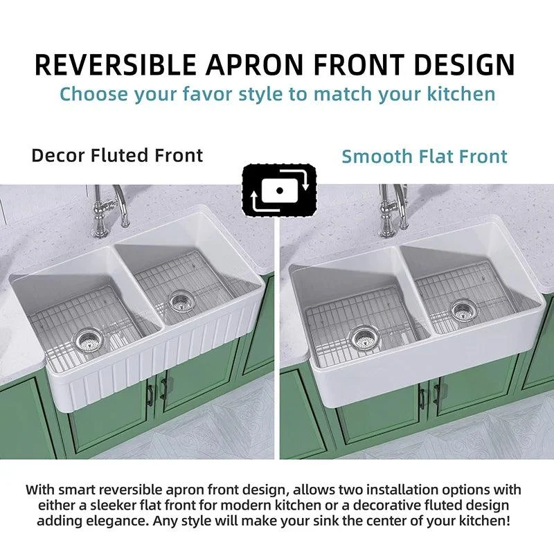 33 Inch Fireclay Farmhouse Sink with Bottom Grid & Kitchen Sink Drain - White Farmhouse Double Bowl Apron Sink -Bathlova