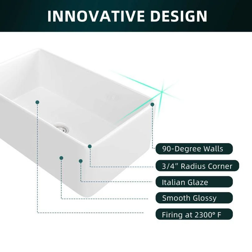 33 Inch Fireclay Farmhouse Sink with Single Bowl, Bottom Grid & Kitchen Sink Drain - White Farmhouse Apron Sink -Bathlova