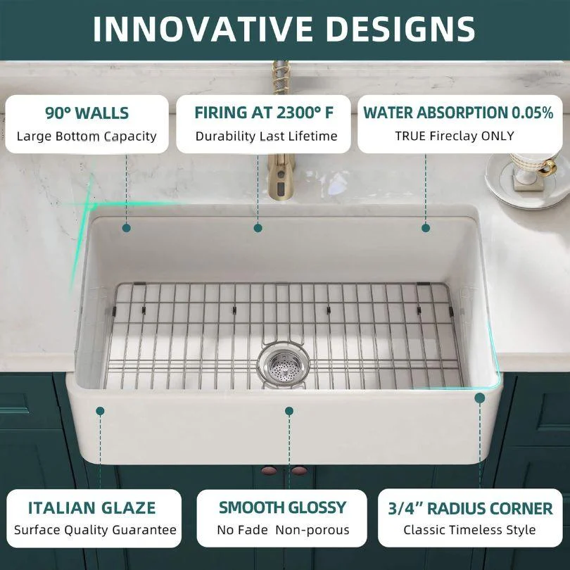 33 Inch Fireclay Farmhouse Sink with Single Bowl, Bottom Grid & Kitchen Sink Drain - White Farmhouse Apron Sink -Bathlova