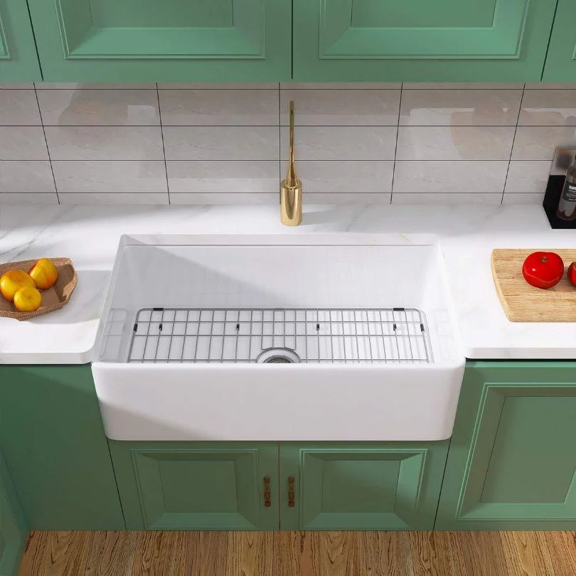 33 Inch Fireclay Farmhouse Sink with Single Bowl, Bottom Grid & Kitchen Sink Drain - White Farmhouse Apron Sink -Bathlova