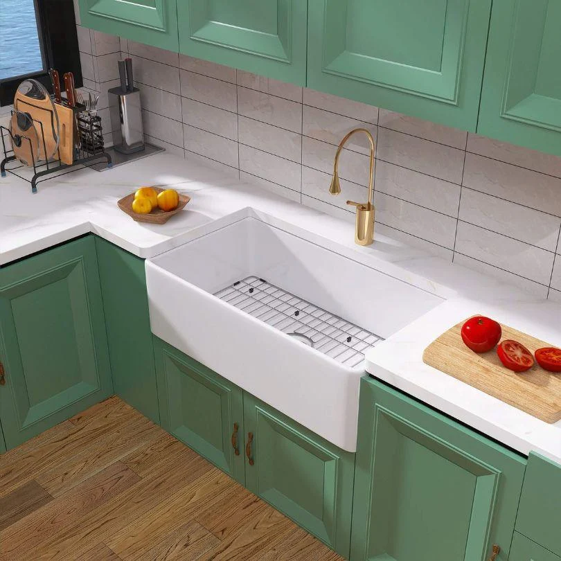 33 Inch Fireclay Farmhouse Sink with Single Bowl, Bottom Grid & Kitchen Sink Drain - White Farmhouse Apron Sink -Bathlova