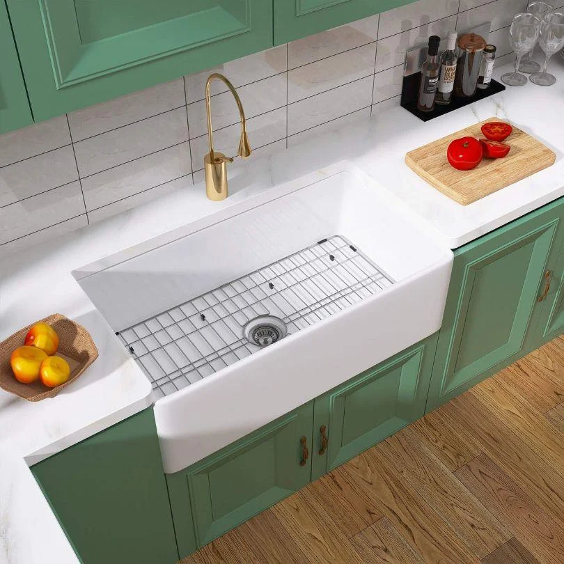 33 Inch Fireclay Farmhouse Sink with Single Bowl, Bottom Grid & Kitchen Sink Drain - White Farmhouse Apron Sink -Bathlova