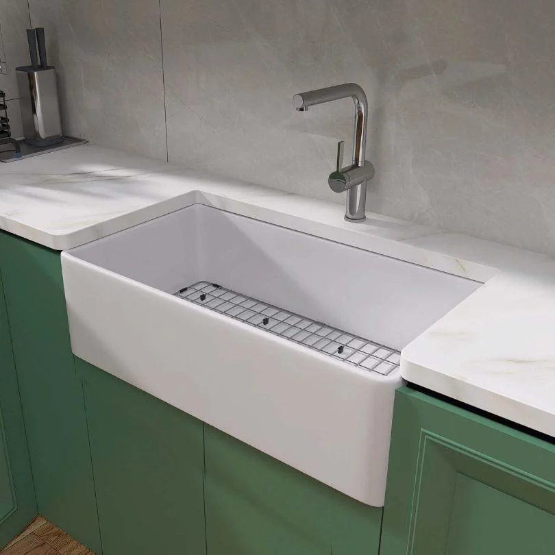 33 Inch Fireclay Farmhouse Sink with Single Bowl, Bottom Grid & Kitchen Sink Drain - White Farmhouse Apron Sink -Bathlova