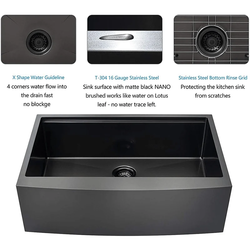 36" Gunmetal Matte Black Stainless Steel Single Bowl Kitchen Sink - 16 Gauge -Bathlova