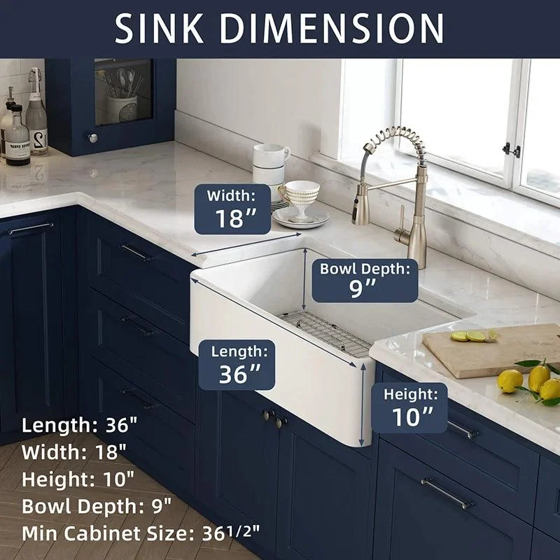 36 Inch Fireclay Farmhouse Sink with Single Bowl, Bottom Grid & Kitchen Sink Drain - White Farmhouse Apron Sink -Bathlova