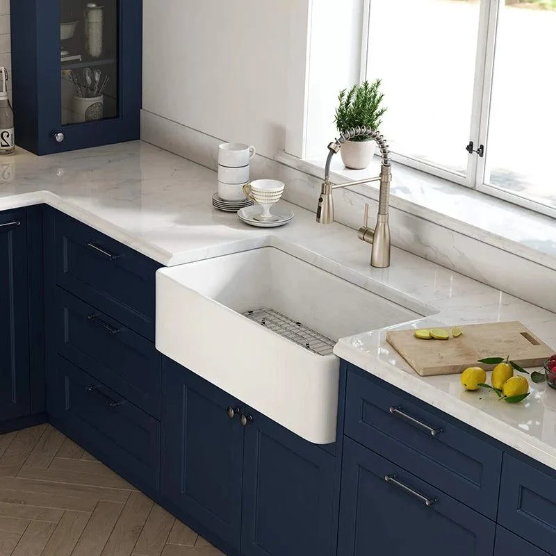 36 Inch Fireclay Farmhouse Sink with Single Bowl, Bottom Grid & Kitchen Sink Drain - White Farmhouse Apron Sink -Bathlova