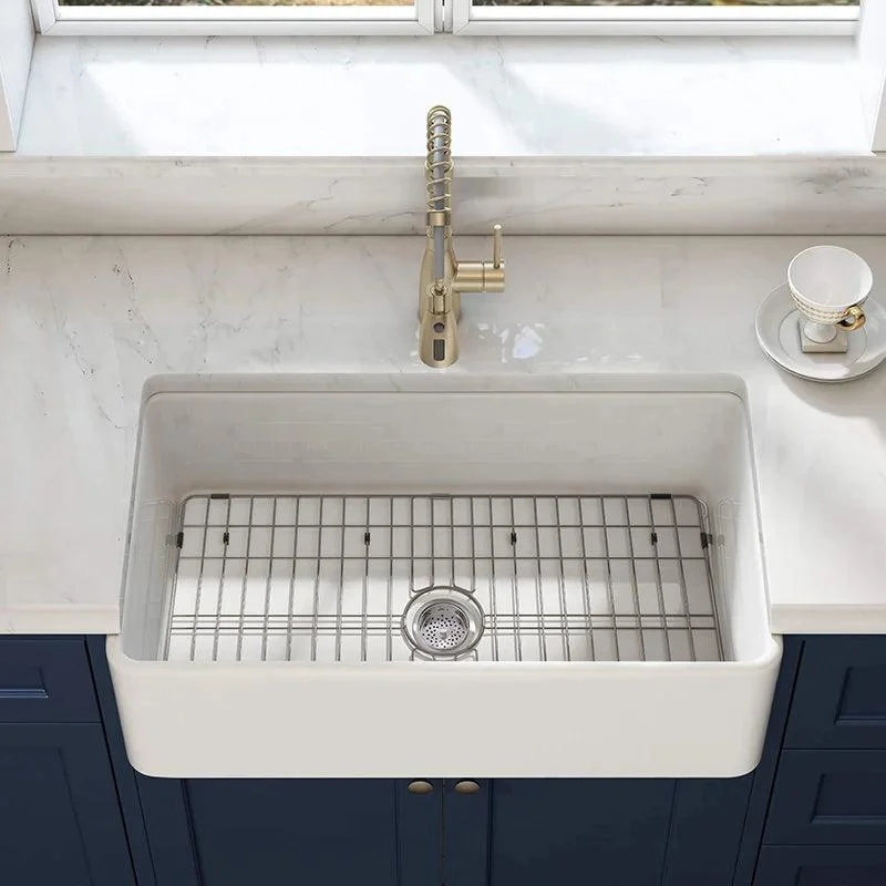 36 Inch Fireclay Farmhouse Sink with Single Bowl, Bottom Grid & Kitchen Sink Drain - White Farmhouse Apron Sink -Bathlova