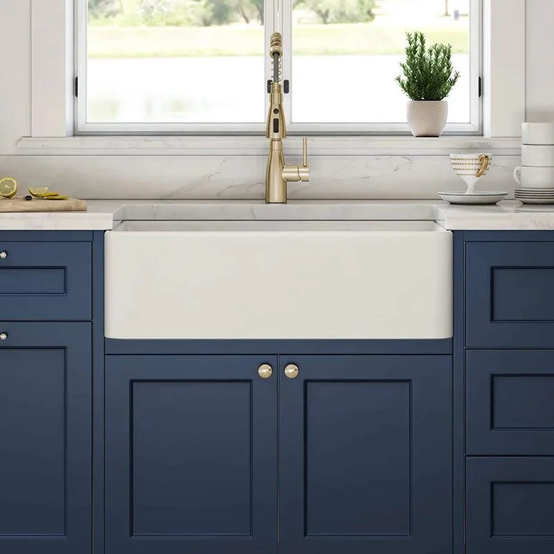 36 Inch Fireclay Farmhouse Sink with Single Bowl, Bottom Grid & Kitchen Sink Drain - White Farmhouse Apron Sink -Bathlova