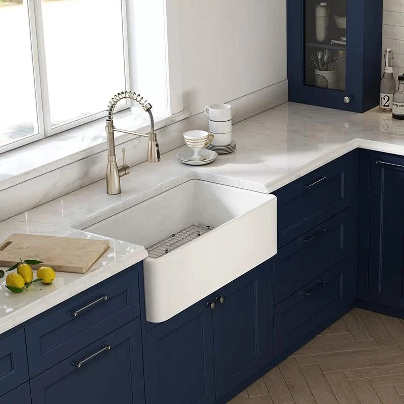 36 Inch Fireclay Farmhouse Sink with Single Bowl, Bottom Grid & Kitchen Sink Drain - White Farmhouse Apron Sink -Bathlova