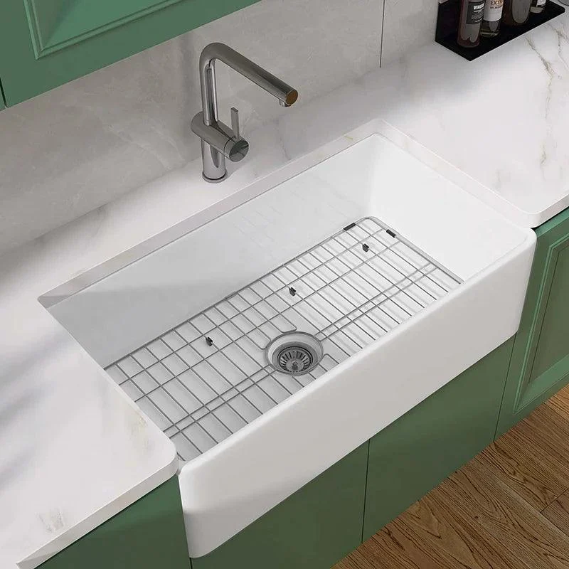 36 Inch Fireclay Farmhouse Sink with Single Bowl, Bottom Grid & Kitchen Sink Drain - White Farmhouse Apron Sink -Bathlova