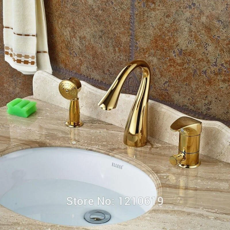 3Pcs Brass Gold Shower Tub Tap One Handle Bathtub Tap Sprayer Mixer Tap -Bathlova