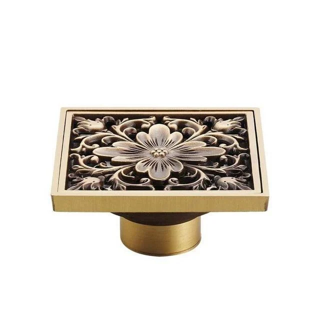 4" Brass Antique Carved Bathroom Floor Drain Waste Grate Drain In Gold, Black And Chrome Finish -Bathlova