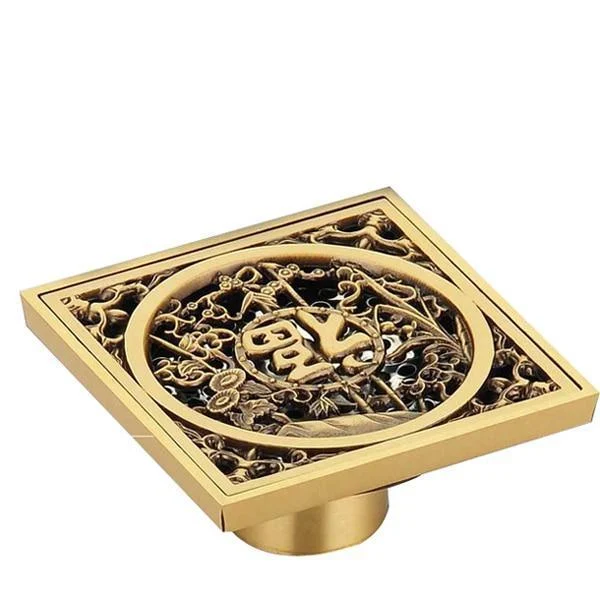 4" Brass Antique Carved Bathroom Floor Drain Waste Grate Drain In Gold, Black And Chrome Finish -Bathlova