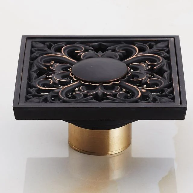 4" Brass Antique Carved Bathroom Floor Drain Waste Grate Drain In Gold, Black And Chrome Finish -Bathlova