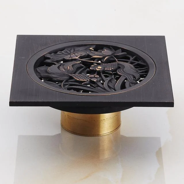 4" Brass Antique Carved Bathroom Floor Drain Waste Grate Drain In Gold, Black And Chrome Finish -Bathlova