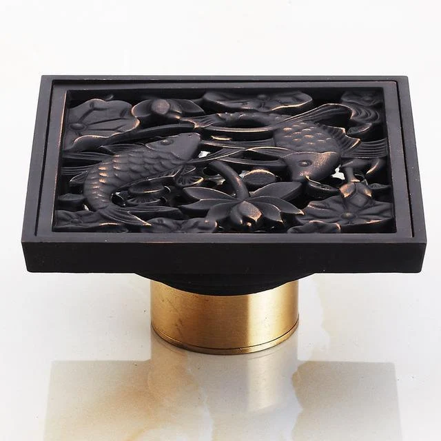 4" Brass Antique Carved Bathroom Floor Drain Waste Grate Drain In Gold, Black And Chrome Finish -Bathlova