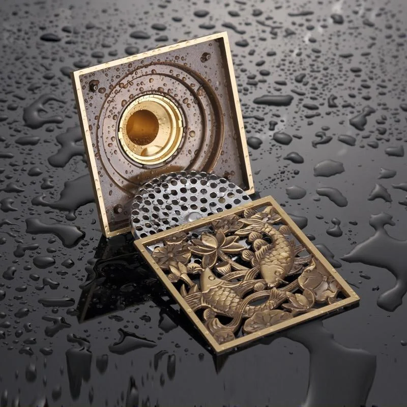 4" Brass Antique Carved Bathroom Floor Drain Waste Grate Drain In Gold, Black And Chrome Finish -Bathlova