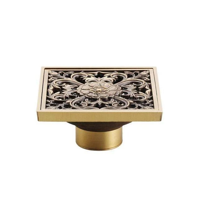 4" Brass Antique Carved Bathroom Floor Drain Waste Grate Drain In Gold, Black And Chrome Finish -Bathlova