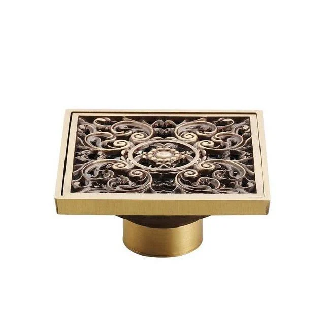 4" Brass Antique Carved Bathroom Floor Drain Waste Grate Drain In Gold, Black And Chrome Finish -Bathlova