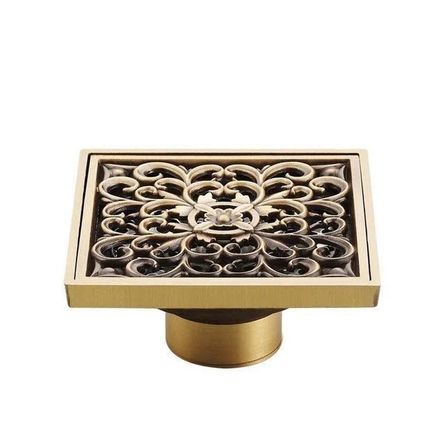 4" Brass Antique Carved Bathroom Floor Drain Waste Grate Drain In Gold, Black And Chrome Finish -Bathlova