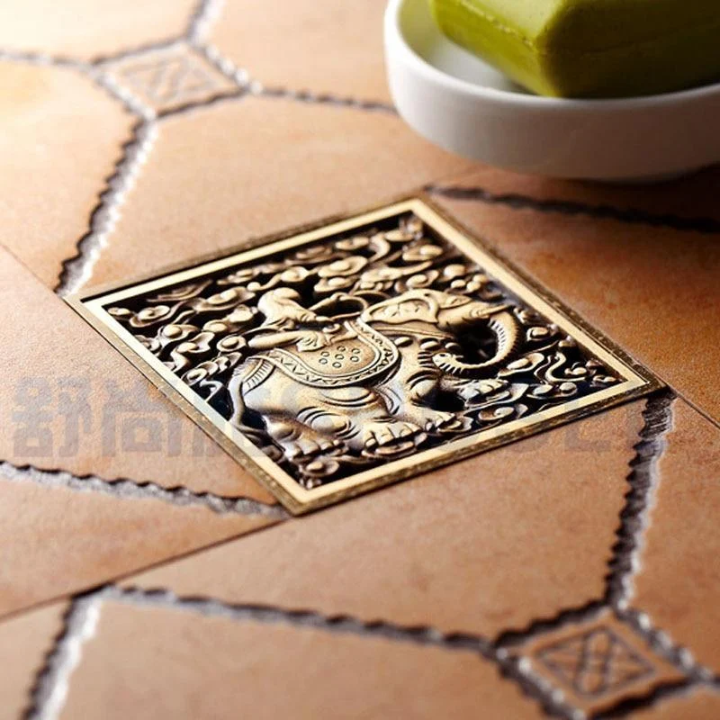 4" Golden Brass Elephant Carved Floor Waste Strainer Floor Drain -Bathlova