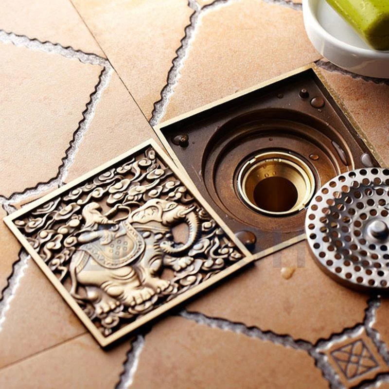 4" Golden Brass Elephant Carved Floor Waste Strainer Floor Drain -Bathlova