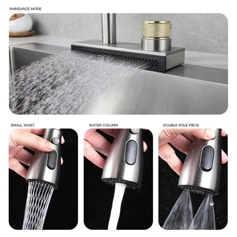 4 Modes Waterfall Grey Sink Kitchen Tap Pull Out Mixer Sprayer -Bathlova