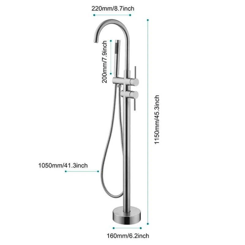 45" Modern Brushed Nickel Floor Mounted Bathtub Tap with Hand Shower -Bathlova