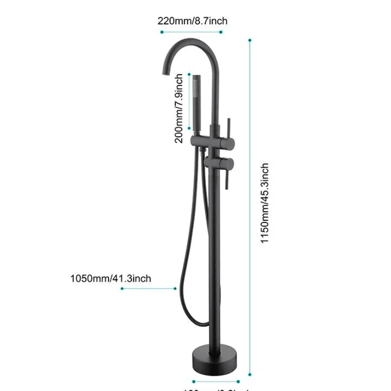 45" Modern Matte Black Floor Mounted Bathtub Tap with Hand Shower -Bathlova