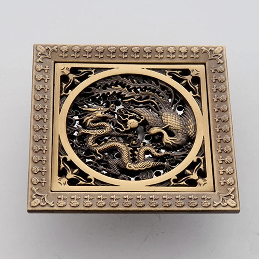 5-antique-brass-dragon-style-bathroom-square-floor-drain-bathlova-4 5" Antique Brass Dragon Style Bathroom Square Floor Drain -Bathlova