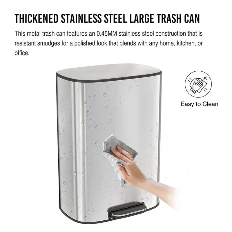 50L Silver 13 Gallon Trash Can with Soft Close Lid - Stainless Steel Ellipse -Bathlova