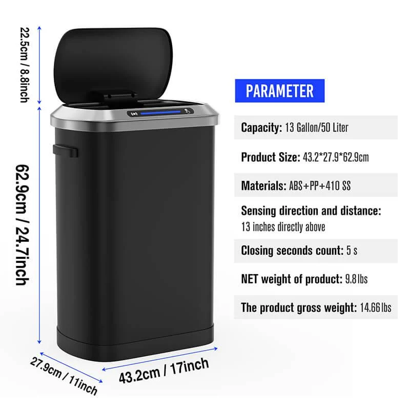 50L Smart 13 Gallon Trash Can with Soft-Close Lid - Black Automatic Motion Sensor Trash Can -Bathlova