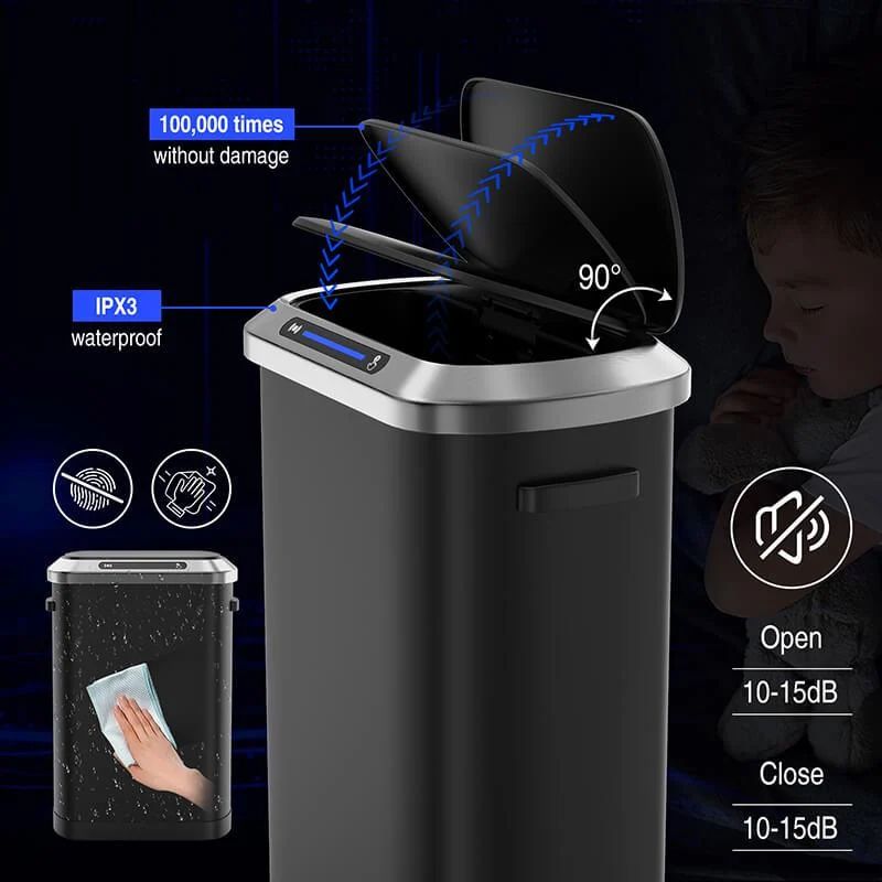 50L Smart 13 Gallon Trash Can with Soft-Close Lid - Black Automatic Motion Sensor Trash Can -Bathlova